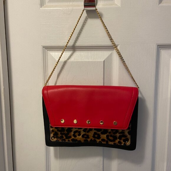Milly Leopard, Red, and Black Leather Purse